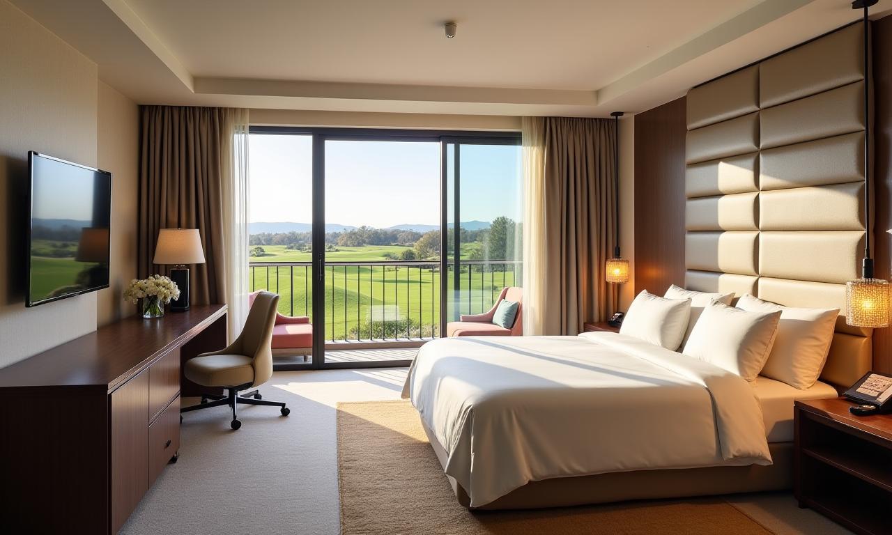 Camera Deluxe con letto matrimoniale e balcone affacciato sul campo da golf.