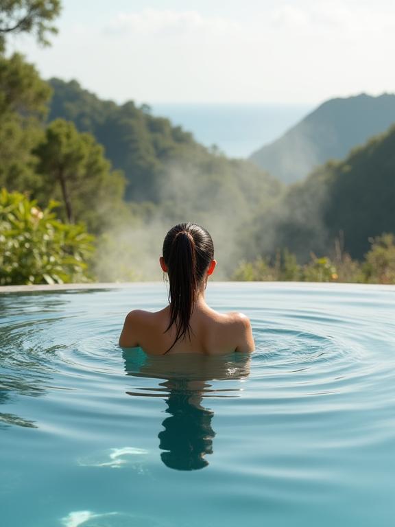 Donna che si rilassa nella piscina termale con vista sulla natura.