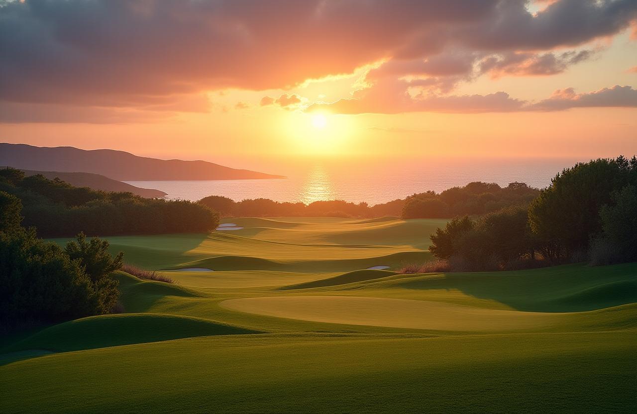 Vista mozzafiato del campo da golf del Vesuvio Club all'alba, con il mare in lontananza.