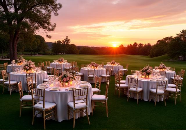 Tavoli allestiti per un ricevimento di matrimonio sul prato del golf club al tramonto.