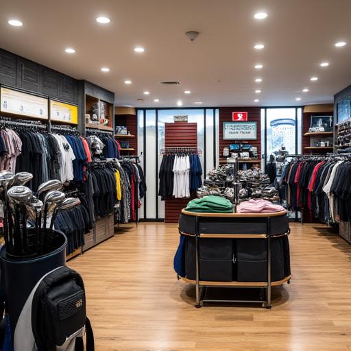 Interno del Pro Shop con attrezzatura da golf di alta gamma.