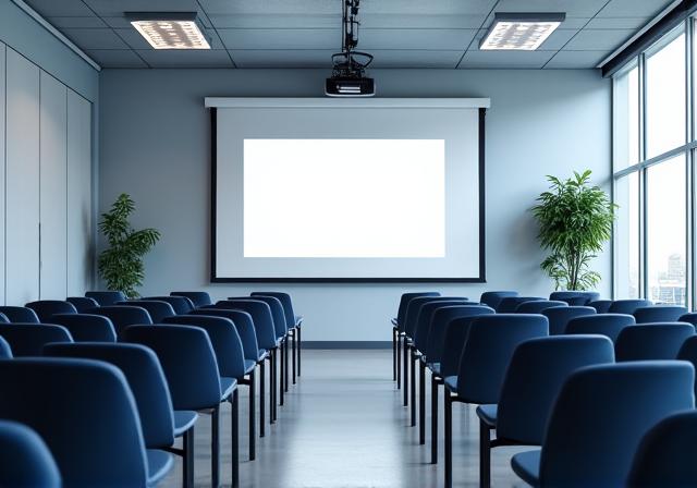 Sala meeting con proiettore e sedie allestita per una conferenza aziendale.