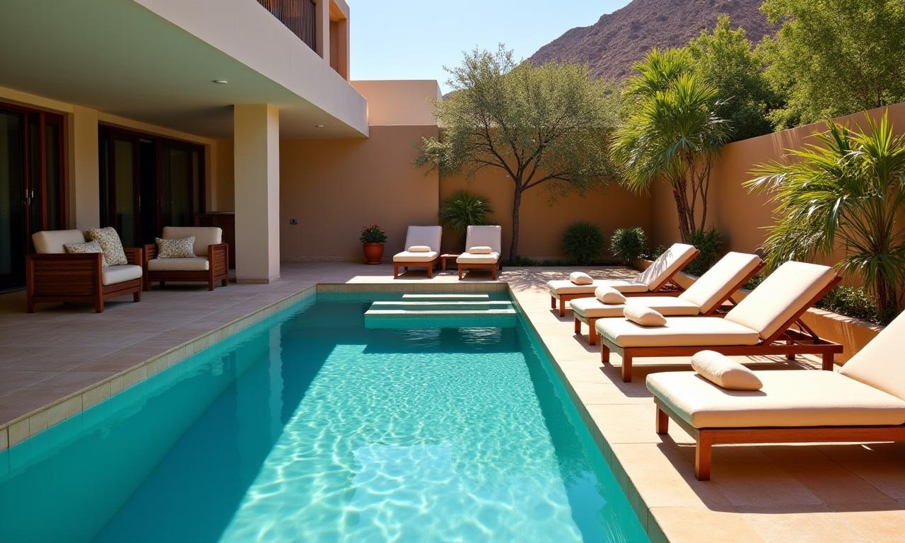 Vista della terrazza di una suite con piscina privata e lettini.